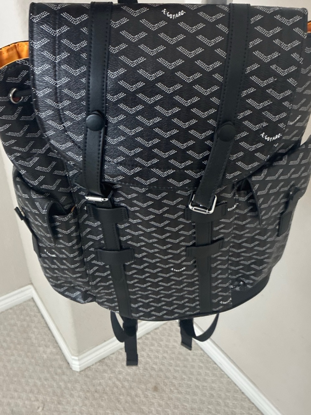 Goyard Black Patterned Canvas Backpack with Leather Straps